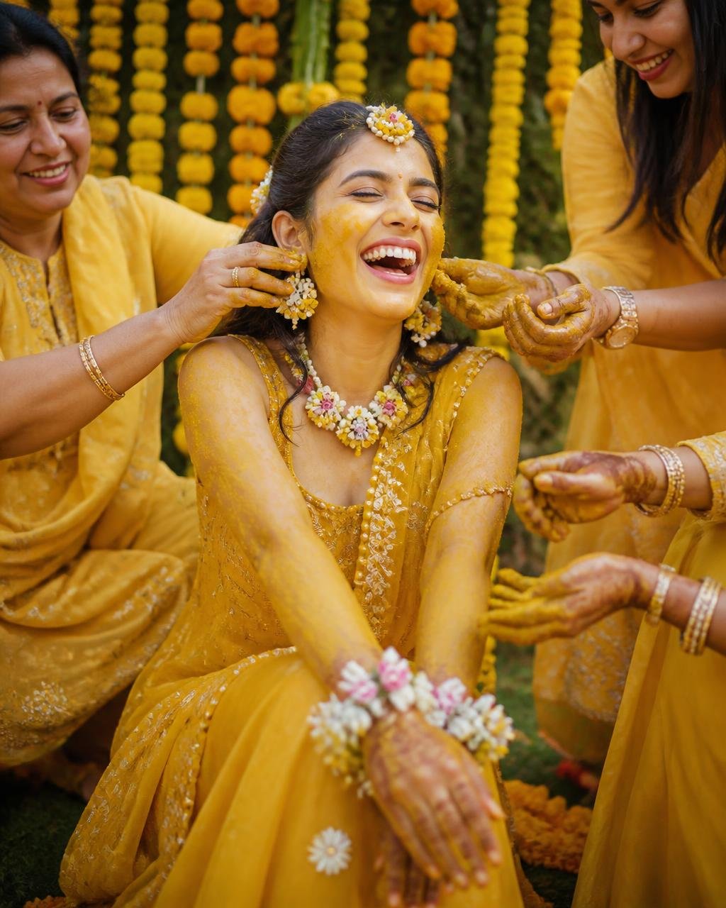 Bride laughing as turmeric is applied during the haldi ceremony