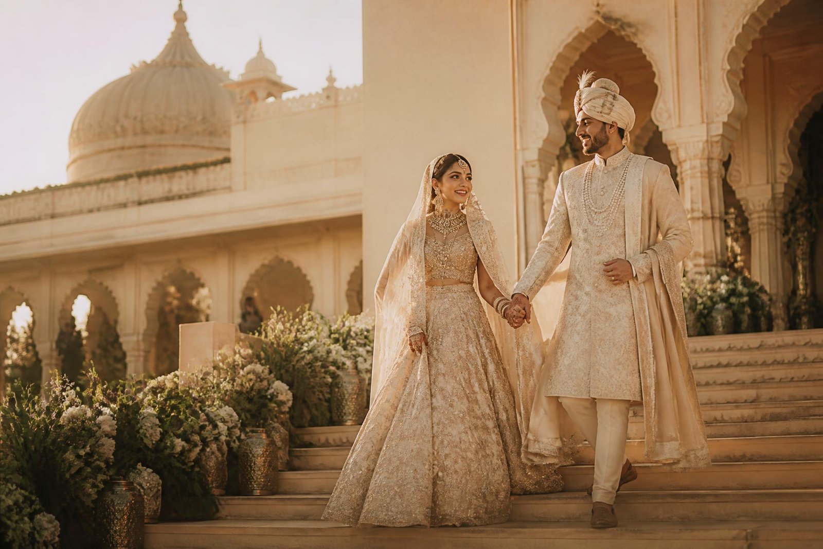 Couple photographed at golden hour on their wedding day