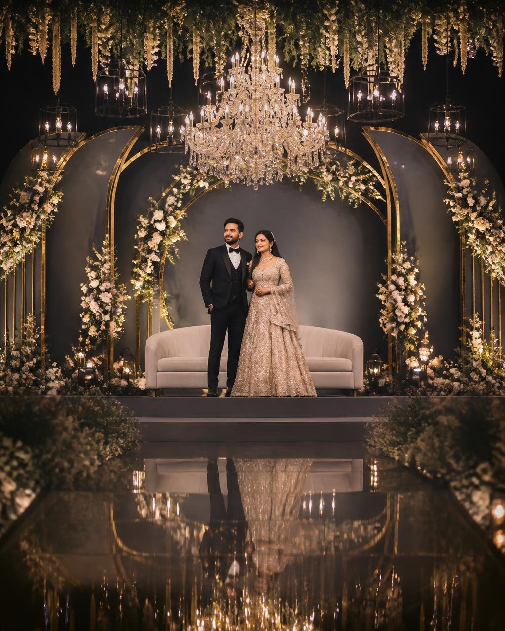 Couple on an illuminated reception stage