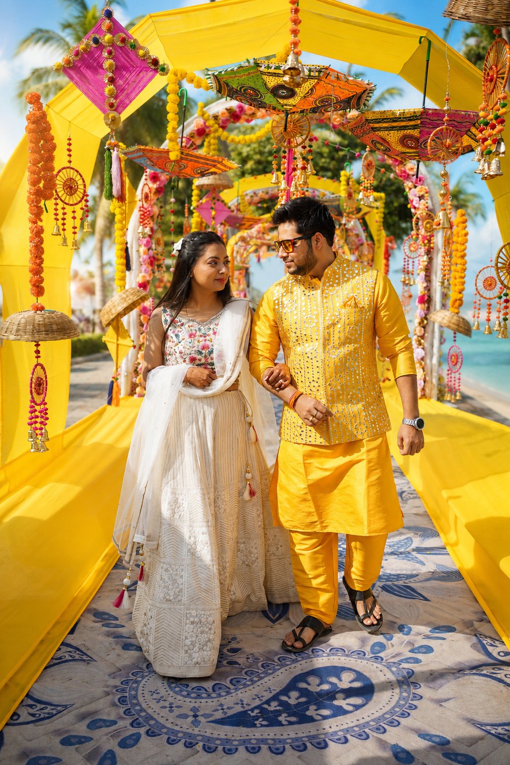 Couple walking hand in hand through a marigold and umbrella decorated pathway