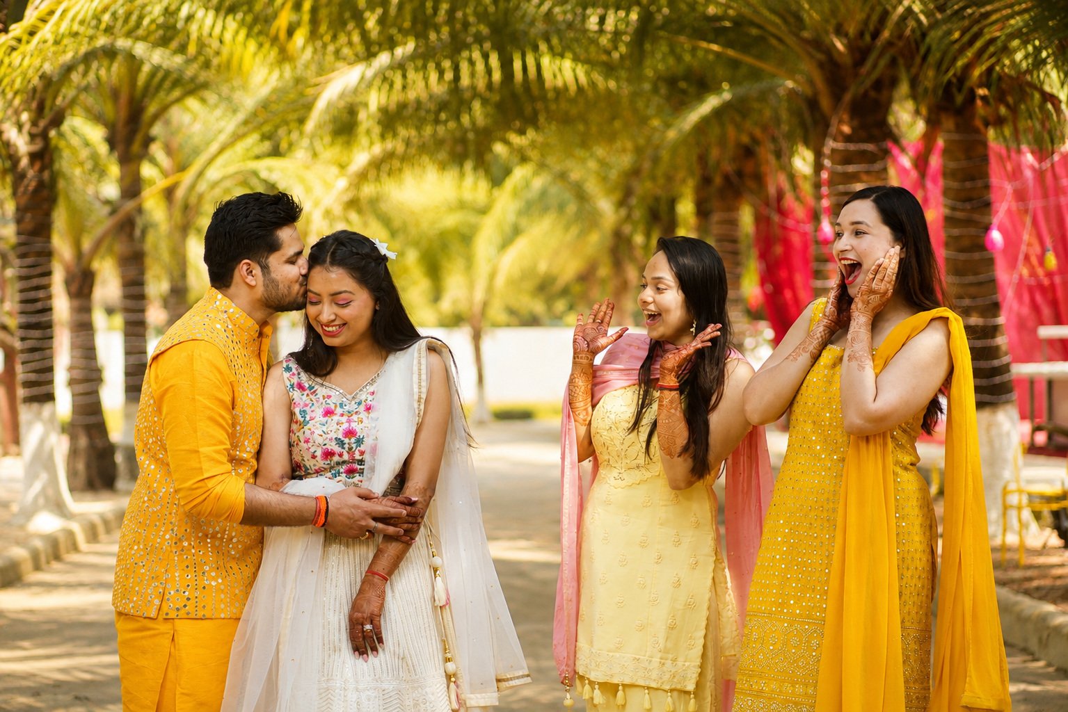 Bride and groom embracing while family cheer them on during the haldi celebration