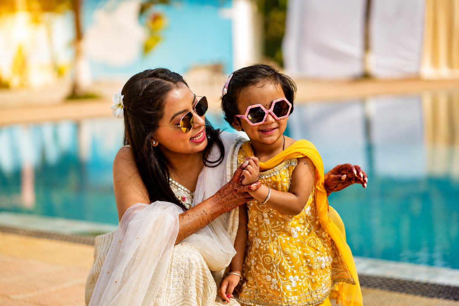 Bride holding a young flower girl in matching yellow beside the pool