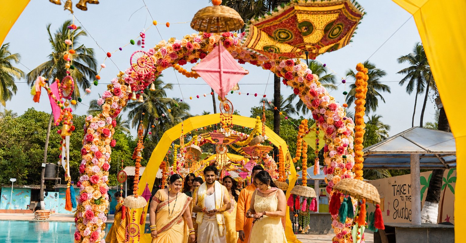 Wedding procession arriving under decorated umbrellas and palm trees at the resort