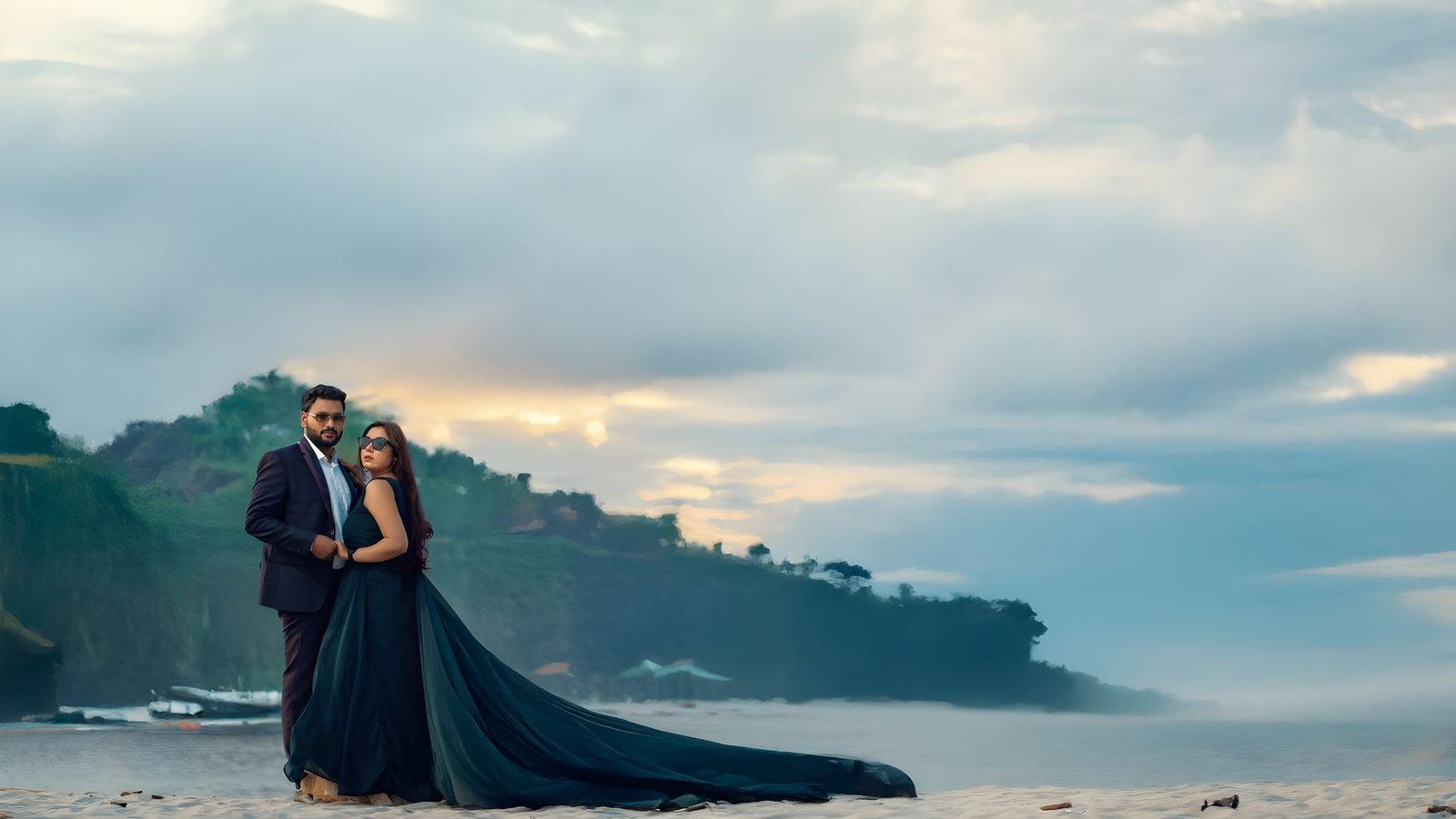 Couple on a clifftop shoreline at dusk during a pre-wedding shoot